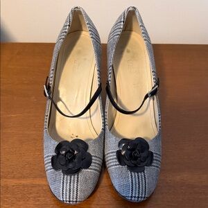 Faconnable Black and Gray Plaid Heels with Floral Detail